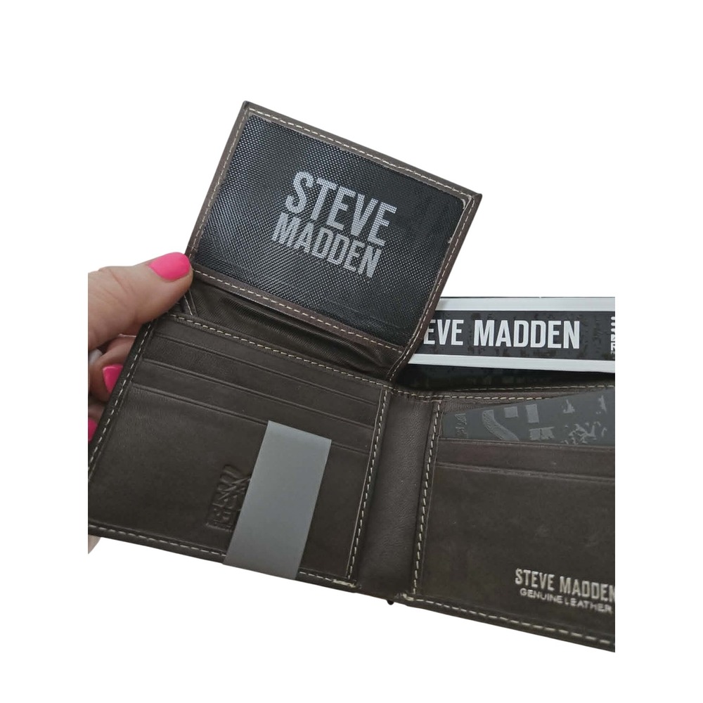 Steve Madden Mens Black Genuine Leather RFID Blocking Passcase Bifold Wallet NIB - Picture 3 of 3